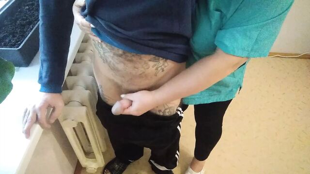The nurse jerks off my cock and ends up in a jar for tests