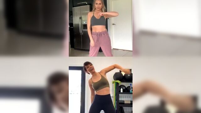 Frankie Bridge teaching Mollie King a dance over webcam.