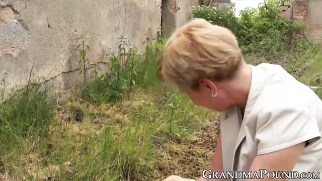 Naughty granny pegging her young fucker after being fucked