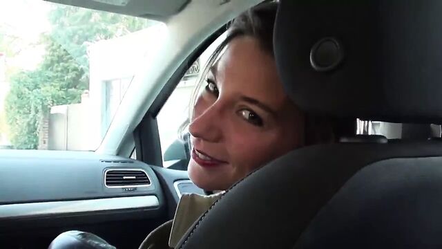 Rich bitch In the car nude under trench and thigh high boots