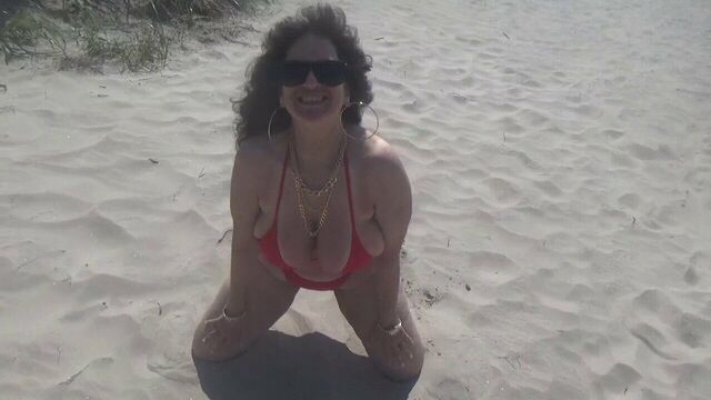 38DD Beach MILF In Red String Bikini